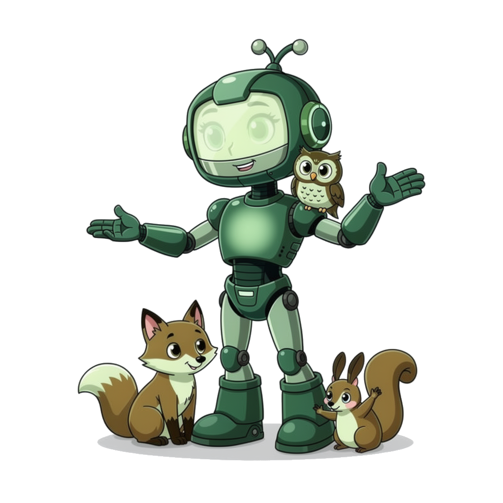Sharp Architect robot standing with arms open in welcome, beside an owl, a fox, and a squirrel